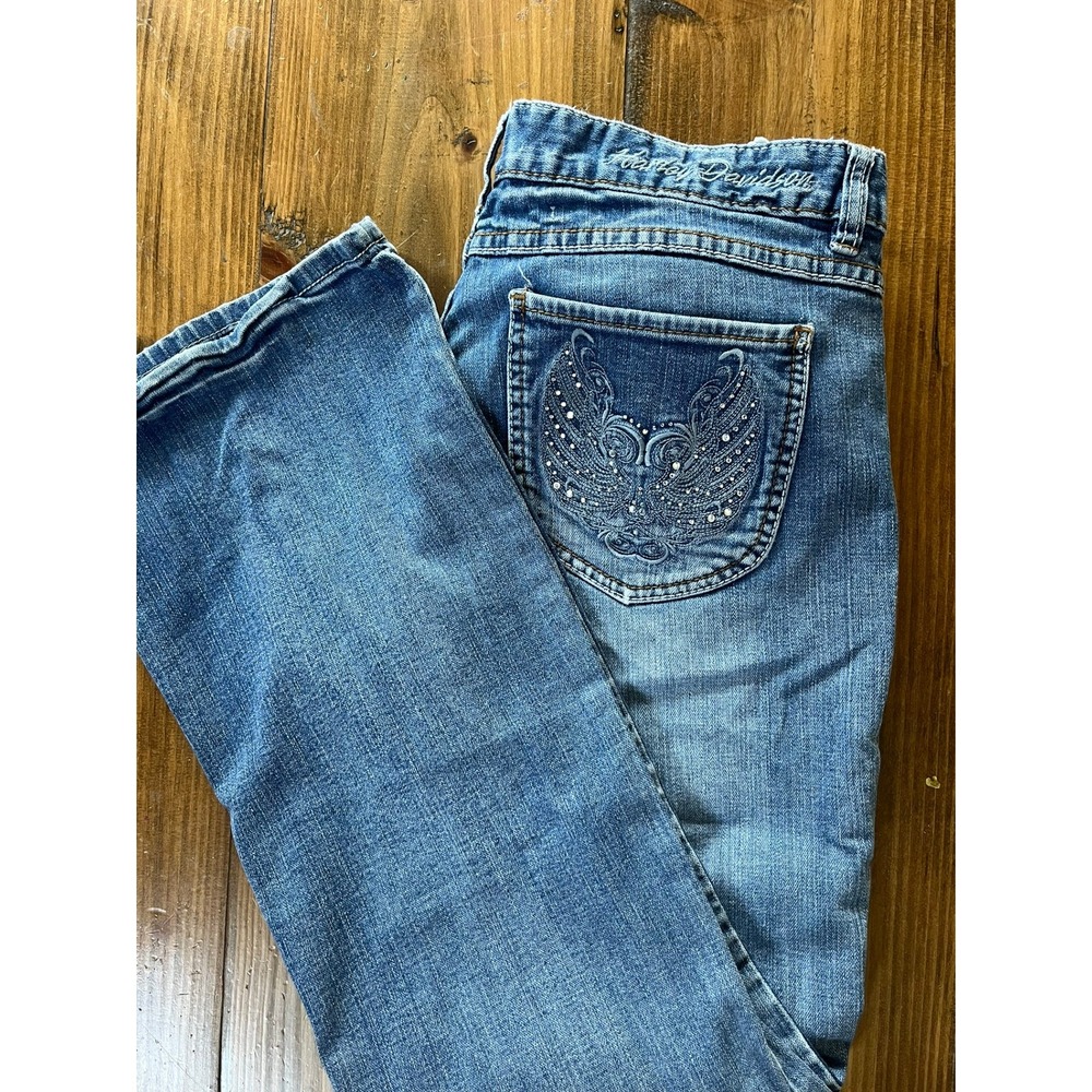 Harley-Davidson Womens Bootcut Jeans Blue Embroidered Rhinestone Wing Size 14 - Picture 8 of 9